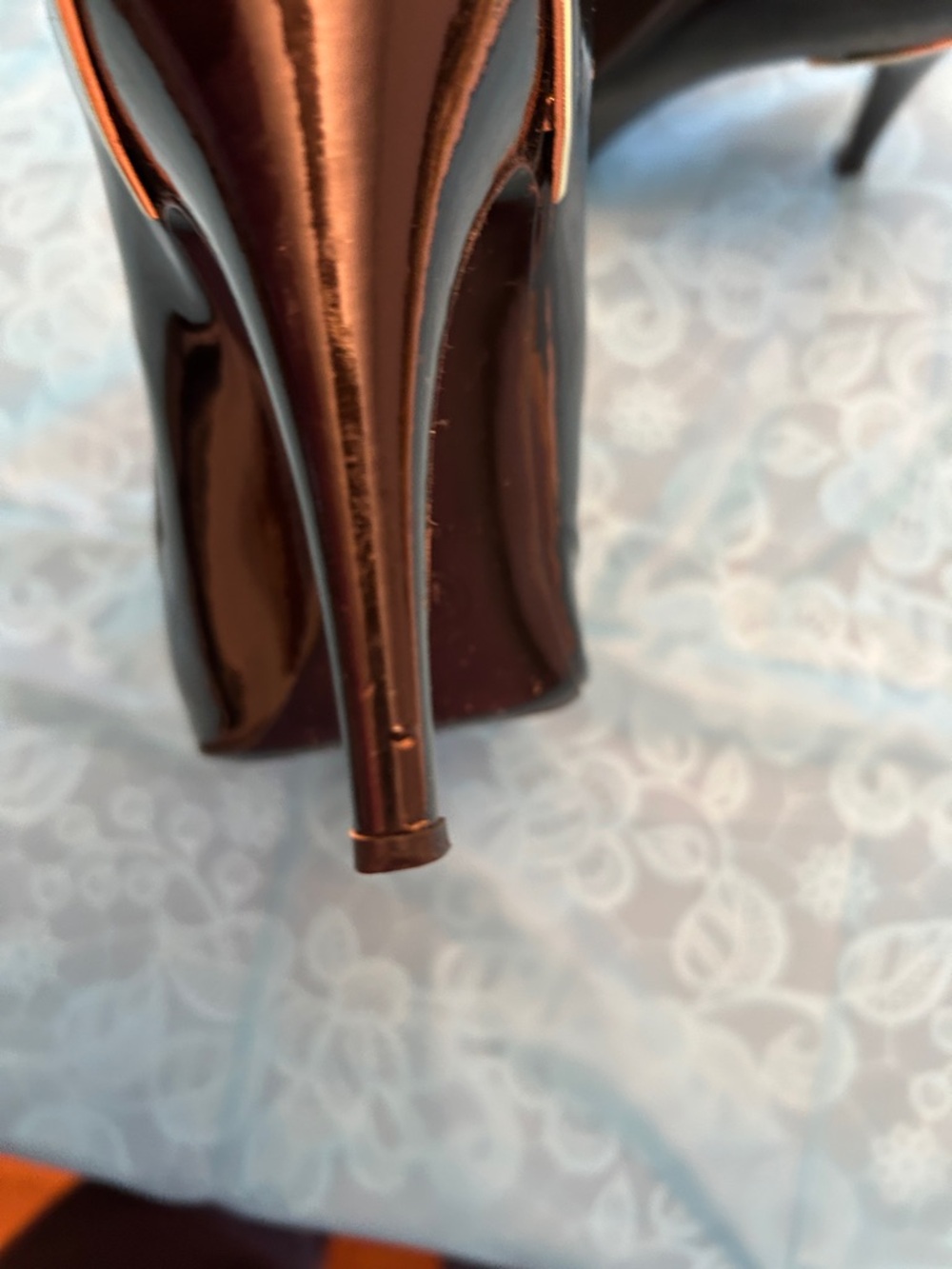 CHANEL Black Patent Leather Peep-Toe Stiletto Heels with Gold CC - Picture 6 of 12